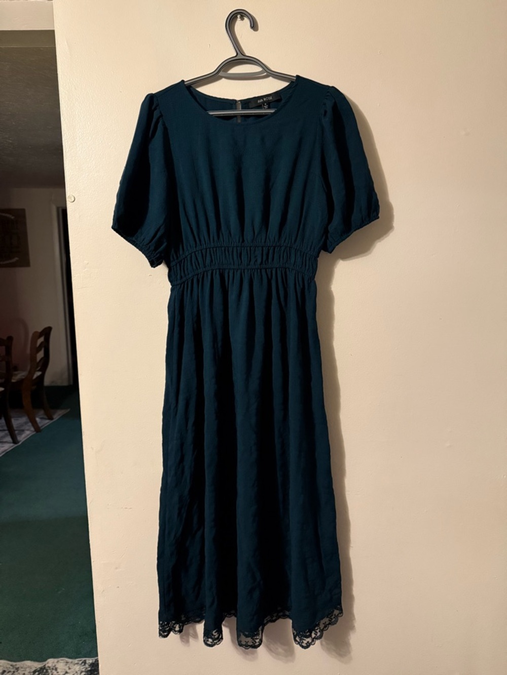 Women’s Dark Teal Midi Dress with Lace Hem and Puff Sleeves
